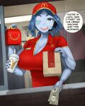  1girl absurd_res blue_eyes blue_hair blue_skin breasts cleavage colored_skin dismaiden elden_ring employee_uniform english_text extra_arms fast_food fast_food_uniform food happy_meal headset huge_breasts ice_cream looking_at_viewer mcdonald&#039;s microphone money open_mouth polo_shirt ranni_the_witch red_shirt shirt short_sleeves twitter_link twitter_username unbuttoned unbuttoned_shirt uniform upper_teeth upper_teeth_only 