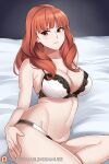  1girl 1girl 1girl alluring aslind_samure aslindsamure bed bedsheets big_breasts big_breasts bra celica_(fire_emblem) cleavage fire_emblem fire_emblem_echoes:_shadows_of_valentia fire_emblem_gaiden lingerie long_hair nintendo pale-skinned_female pale_skin panties red_eyes red_hair redhead thong white_lingerie 