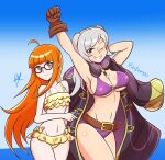 2_girls ;d alluring alternate_costume atlus beach big_breasts bikini cleavage crossover female_only fire_emblem fire_emblem_awakening fire_emblem_heroes glasses nintendo o-ring_bikini official_alternate_costume persona persona_5 purple_bikini purple_swimsuit raydango robin_(fire_emblem) robin_(fire_emblem)_(female) robin_(summer)_(fire_emblem)_(female) sakura_futaba swimsuit under_boob