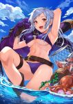 1girl 1girl 1girl :d alluring arm_up belt bikini blush boots breasts brown_eyes brown_gloves coat fire_emblem fire_emblem_awakening fire_emblem_heroes fish fishing_net gloves kamu_(kamuuei) kamuuei medium_breasts navel nintendo o-ring o-ring_bikini octopus open_mouth overcoat purple_bikini purple_swimsuit robin_(fire_emblem) robin_(fire_emblem)_(female) robin_(summer)_(fire_emblem)_(female) smile swimsuit thigh_strap under_boob water white_hair