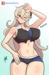 1girl 1girl 1girl alluring ass_visible_through_thighs bare_thighs big_breasts breasts corrin_(fire_emblem) corrin_(fire_emblem)_(female) covered_nipples female_only fire_emblem fire_emblem_fates fire_emblem_warriors grin hair_between_eyes long_hair nintendo one_eye_closed raydango red_eyes shorts sideboob sweat thick_thighs thighs very_long_hair