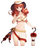 1girl 1girl 1girl alluring alternate_costume arcelle average_breasts bangs bare_shoulders bare_thighs bikini breast celica_(fire_emblem) cleavage earrings fire_emblem fire_emblem_echoes:_shadows_of_valentia fire_emblem_gaiden long_hair looking_at_viewer medium_breasts nintendo orange_eyes orange_hair parasol sarong smile solo_female swimsuit white_bikini white_swimsuit