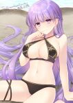 1girl 1girl 1girl 2020 absurd_res absurdly_long_hair alluring beach big_breasts big_breasts bikini black_bikini breasts cleavage collarbone commission dated eyebrows_visible_through_hair fire_emblem fire_emblem:_the_binding_blade fujiwara_minaho hand_on_own_face high_res long_hair navel nintendo ocean purple_eyes purple_hair sand second-party_source shore sitting smile sophia_(fire_emblem) swimsuit thigh_strap under_boob very_long_hair water