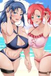 1girl 2_girls adjusting_hair alluring alternate_breast_size alternate_costume ass asymmetrical_docking bare_midriff bare_shoulders bare_thighs beach big_breasts big_breasts bikini blue_bikini blue_eyes blue_hair blush breast_press breasts cleavage collarbone female_only fire_emblem fire_emblem:_new_mystery_of_the_emblem fire_emblem:_shadow_dragon fire_emblem_heroes green_eyes holding_hands kris_(fire_emblem) looking_at_viewer medium_breasts medium_hair midriff multiple_girls nintendo norne_(fire_emblem) norne_(summer)_(fire_emblem) o-ring o-ring_bikini ocean official_alternate_costume open_mouth outside pink_bikini pink_swimsuit ponytail red_bikini red_hair red_swimsuit short_hair smile swimsuit thick_thighs thighs toshimasa water wide_hips yuri