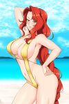  1girl alluring alternate_costume arm_up beach big_breasts braid braided_ponytail breasts cleavage commentary commission fire_emblem fire_emblem:_path_of_radiance fire_emblem:_radiant_dawn green_eyes horizon lindaroze long_hair long_red_hair milf navel nintendo ocean one-piece_swimsuit pose red_hair sand seductive seductive_smile sideboob single_braid sling_bikini slingshot_swimsuit smile smirk solo_female standing swimsuit titania_(fire_emblem) very_long_hair yellow_one-piece_swimsuit yellow_swimsuit 