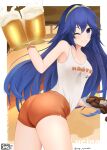  1girl 2022 ;) alcohol alluring alternate_costume ass bare_thighs beer beer_mug big_ass birthmark blue_eyes blue_hair breasts character_name cleavage collarbone commission cup female_only fire_emblem fire_emblem_awakening food glass high_res hooters indoors looking_at_viewer looking_back lucina lucina_(fire_emblem) medium_breasts mug nintendo one_eye_closed orange_shorts ray_ryuusaki ryuusaki_rei shirt short_shorts shorts signature skeb_commission sleeveless sleeveless_shirt small_breasts smile source_larger symbol-shaped_pupils tank_top thick_thighs thighs tiara tight twitter_username waitress white_shirt wink 