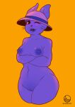  1girl 2019 anthro anthro_only arms_crossed arms_under_breasts artist_logo breasts bunny crossed_arms female_anthro female_only hat hat_only lagomorph mature mature_female milf monster monster_girl naked_female nipples nonesaint nude nude_female one_eye_closed orange_background purple_fur rabbit rabbit_shopkeeper rabbit_shopkeeper_(undertale) simple_background snowdin_shopkeeper solid_color_background solo solo_female undertale undertale_(series) wide_hips wink 