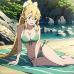 1girl alluring bare_legs beach beach_towel big_breasts bikini blonde_hair cleavage green_eyes green_hair leafa on_beach_towel spairk1313 sword_art_online