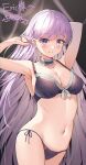 1girl absurdly_long_hair alluring arms_up big_breasts black_bra black_panties blush bra braid breasts cleavage commission dress fire_emblem fire_emblem:_the_binding_blade fire_emblem_heroes french_braid futasan high_res long_hair navel nintendo open_mouth panties purple_eyes purple_hair shiny shiny_hair side-tie_panties smile solo_female sophia_(fire_emblem) string_panties underwear very_long_hair