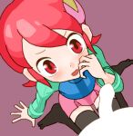  1boy 1girl aqua_shirt black_thighhighs blue_vest capcom from_above hair_ornament hand_up imminent_fellatio long_sleeves looking_at_viewer mayl_sakurai miniskirt open_mouth penis pink_skirt purple_background red_eyes red_hair rockman_exe sakurai_meiru shirt short_hair sicky_(pit-bull) simple_background skirt solo_focus stockings vest zettai_ryouiki 