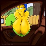 1girl big_breasts breasts car cleavage clothed clothing down_blouse female_only fully_clothed hanging_breasts happy huge_breasts looking_at_viewer marge_simpson naughty_face seductive_smile the_simpsons vylfgor whoa_look_at_those_magumbos yellow_skin