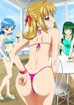 3girls akai_shinju ankoku_tiger ass bikini black_eyes blonde_hair blue_hair blue_nails blush bracelet breasts brown_eyes brown_hair chair cleavage dimples_of_venus from_behind green_hair green_nails hair_ornament hair_ribbon hairclip hand_on_hip hanon_hosho highres hips houshou_hanon jewelry lina_toin lipstick long_hair looking_back lucia_nanami makeup mermaid_melody mermaid_melody_pichi_pichi_pitch mermaid_melody_pitchi_pitchi_pitch multiple_girls nail_polish nanami_lucia necklace official_style one-piece_swimsuit open_mouth pink_nails polka_dot red_eyes ribbon rina_toin sandals short_hair shorts swimsuit table thong_bikini touin_rina very_long_hair waving