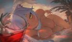  1girl animal_ears armpits bangs bed between_legs big_breasts blurry blurry_foreground blush breasts closed_mouth cloud cloudy_sky completely_nude cup dark-skinned_female dark_skin day depth_of_field drinking_glass eyebrows_visible_through_hair grey_hair high_resolution hololive kanchigai lion_ears lion_girl lion_tail long_hair looking_at_viewer nipples nude on_bed outside shallow_water shishiro_botan sky smile tail tail_between_legs thigh_gap virtual_youtuber water yellow_eyes 