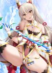  1girl alluring animal_ears bare_shoulders breasts catalyst_scimitar daive detached_sleeves gloves gluteal_fold grey_hair head_tilt high_res highleg highleg_leotard leotard long_hair looking_at_viewer low_twintails nia nia_(blade)_(xenoblade) nia_(xenoblade) nintendo red_footwear small_breasts squatting stockings sword twin_tails weapon white_gloves xenoblade_(series) xenoblade_chronicles_2 yellow_eyes 