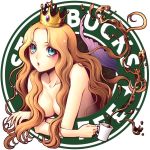 1girl aqua_eyes arm_rest blonde_hair breasts censor_hair censored circle coffee convenient_censoring crossed_arms crown cup floating_hair hair_over_breasts kayu long_hair looking_at_viewer mascots mermaid monster_girl nude product_placement simple_background solo starbucks starbucks_siren topless wavy_hair white_background