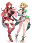  2_girls alluring alternate_hair_length alternate_hairstyle big_breasts cleavage full_body gonzarez long_hair multiple_girls mythra nintendo pyra red_eyes short_hair xenoblade_(series) xenoblade_chronicles_2 yellow_eyes 