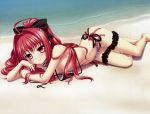  1girl absurdres barefoot beach bikini blush corticarte_apa_lagranges feet hair_ribbon hair_ribbons hairband high_res highres kannatsuki_noboru lips long_hair lying red_eyes red_hair ribbon ribbons shinkyoku_soukai_polyphonica side-tie_bikini smile solo swimsuit thigh_band thigh_strap 