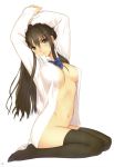 1girl arms_up belly black_hair black_legwear botan_nabe bottomless bow breasts copyright_request dress_shirt hair highres legs long_hair long_legs midriff naked_shirt navel no_bra no_panties open_clothes open_shirt shirt simple_background sitting smile solo taka_tony taka_tony_(artist) takayuki_tanaka takayuki_tanaka_(artist) tanaka_takayuki tanaka_takayuki_(artist) thighhighs thighs tony_taka tony_taka_(artist) white_background white_shirt