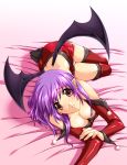 1girl absurdres bed cover demon_girl earring earrings game_cover head_wings headwings high_res highres iizuki_tasuku jewelry mimi_(sweet_devil) panties panty_shot pantyshot pencil_skirt pink_eyes pointy_ears purple_hair red_legwear skirt stockings succubus sweet_devil thighhighs underwear upskirt white_panties wings