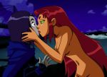 2_girls 2girls blush clothed_female_nude_female dc dc_comics dcau female female/female female_only green_eyes kissing night ocean outdoors raven_(dc) red_hair starfire startled teen_titans waves yuri zone