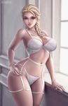 1_girl 1girl big_breasts blonde blonde_hair blue_eyes bra braid braided_hair breasts disney elsa elsa_(frozen) female female_only flowerxl frozen_(movie) light-skinned_female lingerie looking_at_viewer mostly_nude royalty single_braid solo standing thong