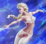 1_girl 1girl blonde blonde_hair blue_eyes bra braid braided_hair disney elsa elsa_(frozen) female female_only frozen_(movie) garter_belt garter_straps hairless_pussy lace light-skinned_female long_blonde_hair long_hair mostly_nude no_thong pussy royalty shaved_pussy single_braid solo stockings strapless_bra