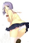  1boy 3girls :o ass bangs blue_eyes blue_hair blue_panties blush bob_cut botan_nabe clannad clenched_hand from_behind fujibayashi_kyou fujibayashi_ryou hair_intakes hair_ribbon hairband hand_to_own_mouth high_kick highres kicking kneehighs lace leaning_forward leg_lift loafers long_hair long_sleeves looking_at_viewer looking_back miniskirt multiple_girls number open_mouth page_number panties pantyshot pantyshot_(standing) parted_bangs partially_colored pleated_skirt purple_hair ribbon sakagami_tomoyo scan school_uniform serafuku shirt shoes short_hair siblings simple_background sisters skindentation skirt skirt_lift sleeve_cuffs solo_focus standing standing_on_one_leg striped striped_panties sunohara_youhei surprised taka_tony taka_tony_(artist) takayuki_tanaka takayuki_tanaka_(artist) tanaka_takayuki tanaka_takayuki_(artist) teamwork thighhighs tony_taka tony_taka_(artist) tress_ribbon underwear upskirt very_long_hair white_background white_legwear white_panties white_thighhighs wind_lift 