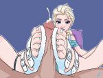 1_boy 1_girl 1boy 1girl blonde blonde_hair blue_shirt braid braided_hair clothed_female_nude_male cum disney ejaculation elsa elsa_(frozen) erection female footjob footjob_cum frozen_(movie) long_blonde_hair long_hair looking_at_viewer male male/female nail_polish penis pillow royalty sandals shirt shoejob