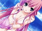 amamiya_kurara bikini blue_eyes braid breasts cleavage cloud dutch_angle erect_nipples fumio fumio_(ura_fmo) highres hoshiuta long_hair ocean open_mouth pink_hair sarong smile swimsuit very_long_hair water wet