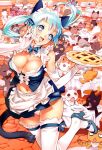  animal_ears blue_hair breasts cat cat_ears catgirl cats cleavage fish food headset highres legwear nishieda original original_character panties pie pigtails stockings table thighhighs underwear waitress 