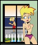 blonde_hair blue_eyes breasts canon_genderswap cartoon_network erection erection_under_clothes frilly_panties genderswap gil_nexdor jab jenny_test johnny_test johnny_test_(character) lipstick nipple no_bra panties penis purple_panties swim_trunks swimming_trunks topless underwear