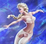 1_girl 1girl blonde blonde_hair blue_eyes bra braid braided_hair disney elsa elsa_(frozen) female female_only frozen_(movie) garter_belt garter_straps hairless_pussy lace light-skinned_female long_blonde_hair long_hair mostly_nude pussy royalty see-through shaved_pussy single_braid solo stockings strapless_bra thong transparent