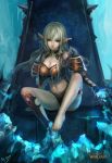 1girl bad_id barefoot blood_elf breasts cleavage death_knight elf feet ice long_hair pointy_ears solo throne warcraft world_of_warcraft yoru_(xueyinye)