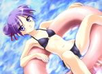 1girl alternate_hairstyle bikini black_bikini blue_eyes blush cameltoe collarbone double_bun flat_chest floating_tire groin hair_ribbon hairband hand hands high_res highres hiiragi_kagami innertube kagami_hiiragi lucky_star mound_of_venus navel norizou_type-r norizou_type-r_(artist) o-ring_top ocean purple_hair ribbon side-tie_bikini small_breasts smile solo swimsuit tsurime