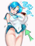 1girl ami_mizuno bishoujo_senshi_sailor_moon blue_hair blue_skirt blush breasts choco_banana chocolate_banana directional_arrow elbow_gloves food gloves highleg highleg_panties large_breasts leotard magical_girl mizuno_ami mokomoko_yanakku oikawasyu oikawasyu_(artist) panties pantyshot sailor_mercury skirt solo spandex surprised underwear upskirt white_panties wind_lift