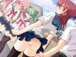 2girls 3girls aikawa_hina aikawa_yukari angry antenna_hair ass black_legwear black_thighhighs blue_eyes blush bottomless dutch_angle embarrassed embarrassing eyebrows flat_chest from_behind game_cg green_eyes green_hair human long_hair mitarashi_kousei miyazaki_akari multiple_girls no_panties pink_eyes pink_hair public red_hair school_uniform schoolgirl serafuku sexy_ass shirt_lift short_hair skirt skirt_lift surprise thighhighs trap twin_tails twintails upskirt wind wind_lift yuuane_to_issho yuunee_to_issho zettai_ryouiki