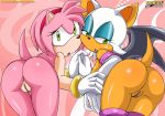 amy_rose anus ass bat bbmbbf boots bracelet bubble_butt female from_behind furry gloves green_eyes hairband hedgehog jewelry lipstick looking_at_viewer looking_back mobian mobius_unleashed nude palcomix pink pink_hair pussy rouge_the_bat sega shiny shiny_skin short_hair sonic_(series) sonic_the_hedgehog_(series) white_hair yuri