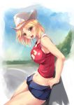  1girl amei_sumeru belt blonde_hair blush breasts brown_eyes capeta cowboy_hat cowgirl cutoffs denim denim_shorts grown_up hair happy hat headgear large_breasts midriff monami older_version outdoors outside patty_thompson short_hair shorts solo soul_eater suzuki_monami tank_top western 