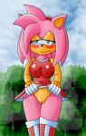 amy_rose blush boots bracelet chaossabre flashing furry gloves green_eyes hairband jewelry no_panties pink_hair pussy sega short_hair skirt_lift sonic_(series) sonic_team