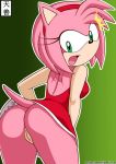 amy_rose anthro ass beige_skin breasts butt clothing dress eyelashes female fur green_eyes hair hips mobian mobian_(species) no_panties pink_hair pussy sega sexy sexy_ass short_hair short_tail skirt sonic sonic_team tail tenzen text thighs upskirt vagina