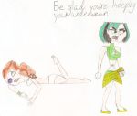 black_eye_(injury) black_eyes black_hair boob_window breasts cartoon_network colored_pencil_(medium) curly_hair dyed_hair goth green_eyes green_hair green_lipstick gwen_(tdi) hourglass_figure izzy_(tdi) navel orange_hair pale-skinned_female thick_ass thick_legs thick_thighs total_drama_island two_tone_hair violence