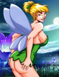 1girl ass blonde_hair blue_eyes cloud clouds disney disney_fairies dusk female_only field garrett_blair hands_on_hips lake moon mountain mountains no_panties peter_pan sideboob sky solo_female starry_sky sunset tied_hair tinker_bell twilight