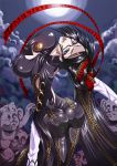  1girl ass bayonetta bayonetta_(character) belt black_hair blue_eyes body_suit bodysuit bouncing_breasts breasts center_opening chains cleavage cleavage_cutout earrings glasses gun hinoki hinoki_(hinoki-buro) huge_breasts jewelry long_hair mole pantylines runes skin_tight statue weapon 