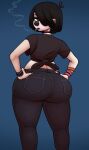 1girl ass big_ass black_eyes black_hair blue_background brown_eyes bubble_ass bubble_butt cigarette clown curvy dat_ass ear_piercing female_only fizzie_(vendant) goth hair hair_over_one_eye hands_on_hips huge_ass jeans looking_at_viewer looking_back nail_polish original_character pants smoking thick_thighs tight_jeans tight_pants vendant