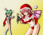  2girls adult animal_ears blush bottomless breasts bustier cape capelet christmas cleavage elbow_gloves female gloves green_hair heart lingerie midriff multiple_girls mystia_lorelei no_panties older one_eye_closed open_mouth panties pink_hair santa_costume smile spoken_blush spoken_heart tears theft touhou underwear underwear_theft wings wink wriggle_nightbug yani_tama 