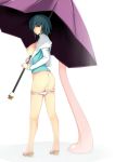 1girl ass bad_id blue_eyes blue_hair bottomless breasts dean heterochromia highres karakasa karakasa_obake kogasa_tatara nipples no_socks panties panty_pull pussy_juice red_eyes short_hair solo tatara_kogasa tongue touhou umbrella underwear