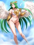 1girl accessory alluring athletic_female bikini female_abs fit_female gauntlet gauntlets green_eyes green_hair headress hocen hocen_hosen_(artist) kid_icarus kid_icarus_uprising matching_hair_and_eye_color naked_from_the_waist_down nintendo palutena pareo pubic_hair pussy super_smash_bros_wii_u top_only vilde_loh_hocen