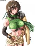  1girl aerisdies belt blush breasts brown_eyes brown_hair elbow_gloves female female_only final_fantasy final_fantasy_vii fingerless_gloves large_breasts ninja shorts solo underboob undressing unzip yuffie_kisaragi 