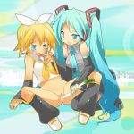  2girls aqua_hair blonde_hair bottomless censored hatsune_miku kagamine_rin kamiyoshi kamiyoshi_rika long_hair miku_hatsune multiple_girls object_insertion penetration pussy pussy_juice rin_kagamine short_hair spring_onion thighhighs twintails very_long_hair vocaloid yuri 