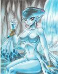  1girl 2018 alluring big_breasts blue_skin bracelet cave collarbone colored_pencil_(medium) colored_skin earrings fins fish_girl jewelry lips navel nintendo no_nipples nose nude princess_ruto purple_eyes ravern_clouk ravernclouk_design signature sitting smile tagme the_legend_of_zelda the_legend_of_zelda:_ocarina_of_time traditional_media water waterfall zora 